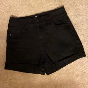 Black High Rise Rolled Hem Stretchy Jean Shorts